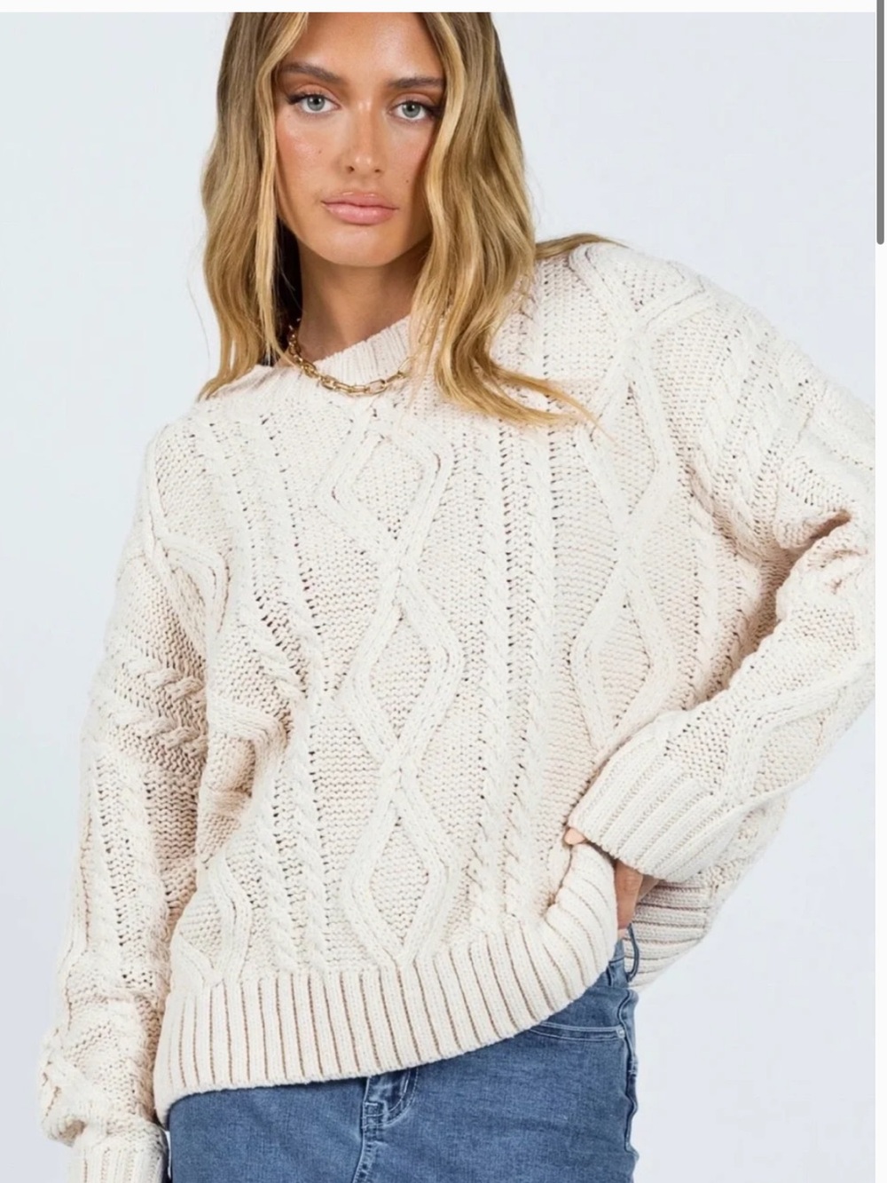 Princess Polly Anaya S/M Chunky cable knit Sweater Cream Fisherman Oversized
